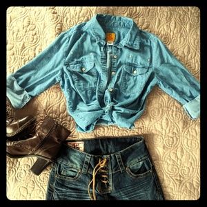Ruby Rd Petite Button down denim blue shirt 6P